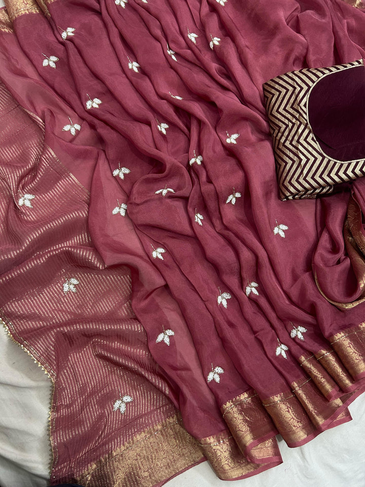 Beautiful Handwork Chinnon Saree With Blouse