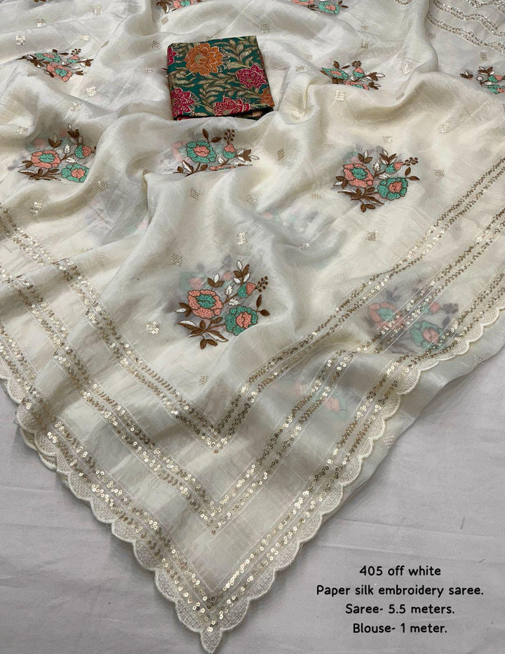 Beautiful Pure Crush Chinnon Embroidery Saree With Blouse