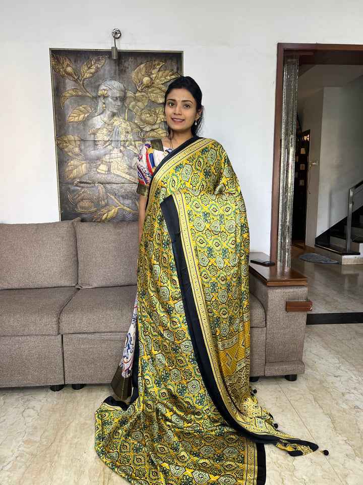 Ajrakh Semi Modal Silk Saree with Contrast Border & Blouse – Mustard Yellow