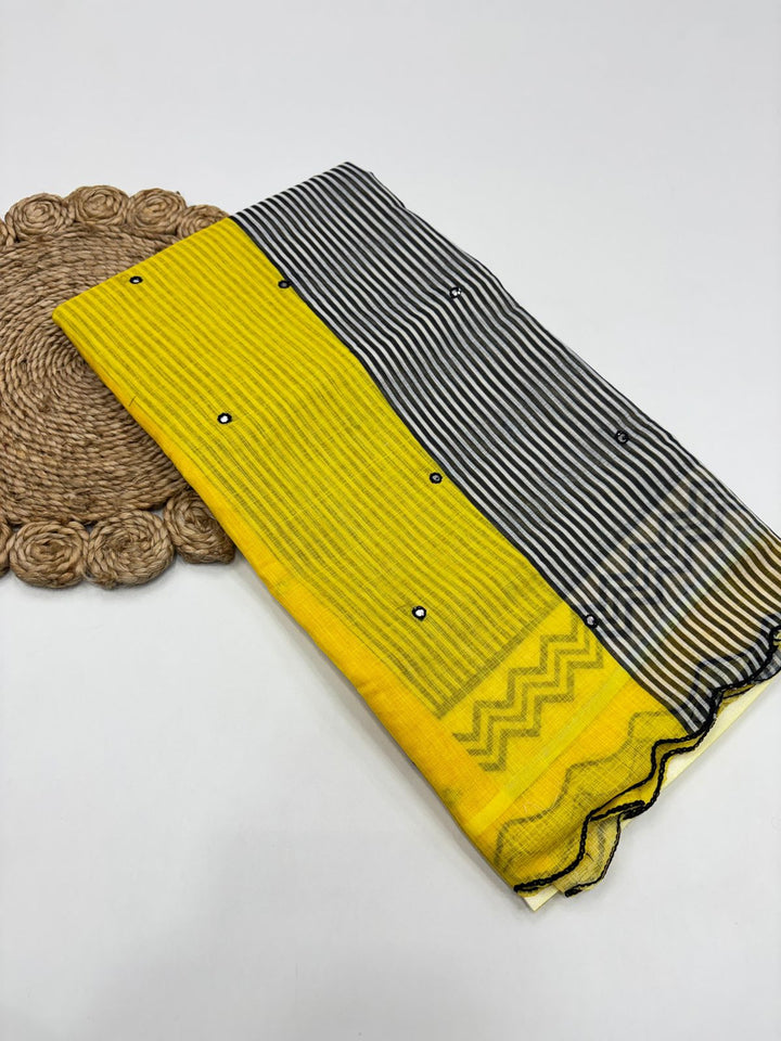 Beautiful Linen Mirror Work Scalloped Border Saree with Blouse