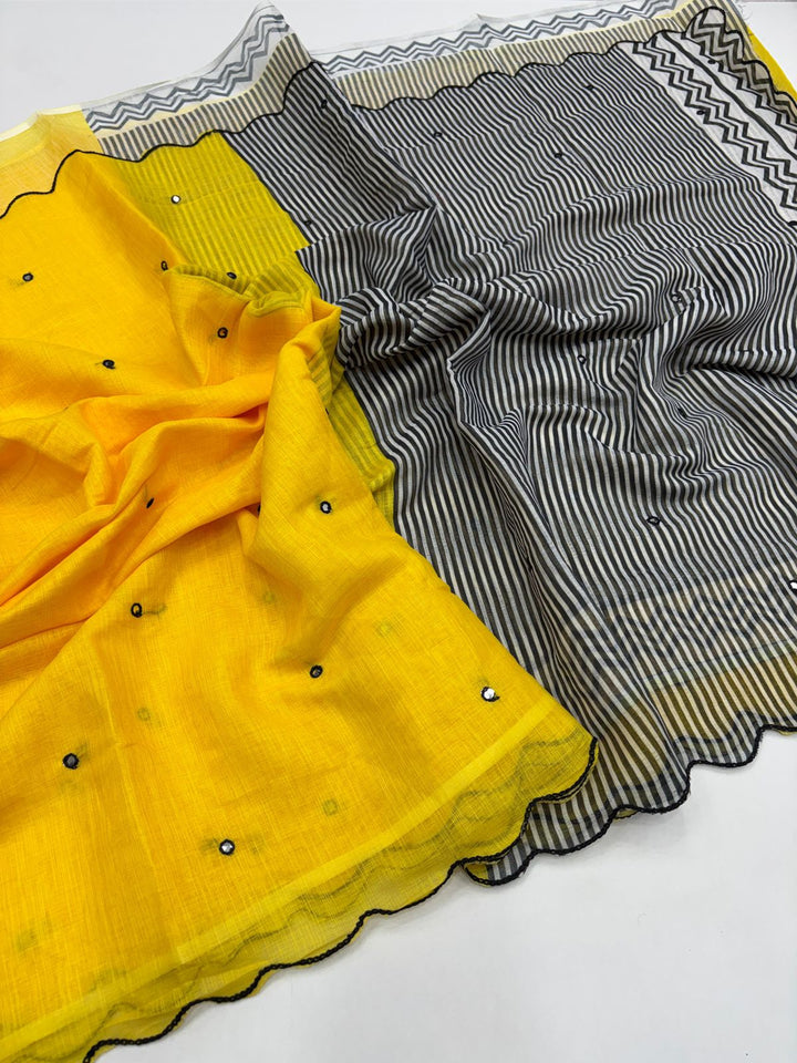 Beautiful Linen Mirror Work Scalloped Border Saree with Blouse