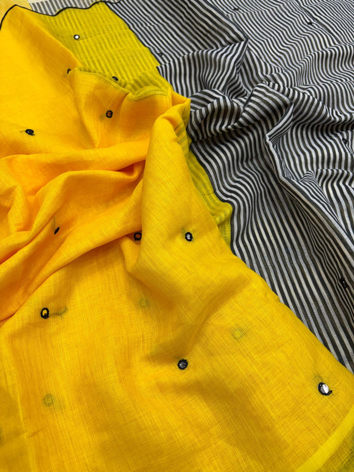 Beautiful Linen Mirror Work Scalloped Border Saree with Blouse