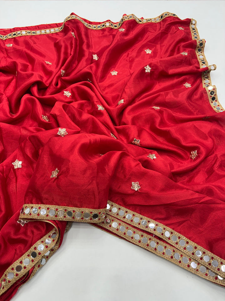 Beautiful Mirror Lace Work Saree with Blouse