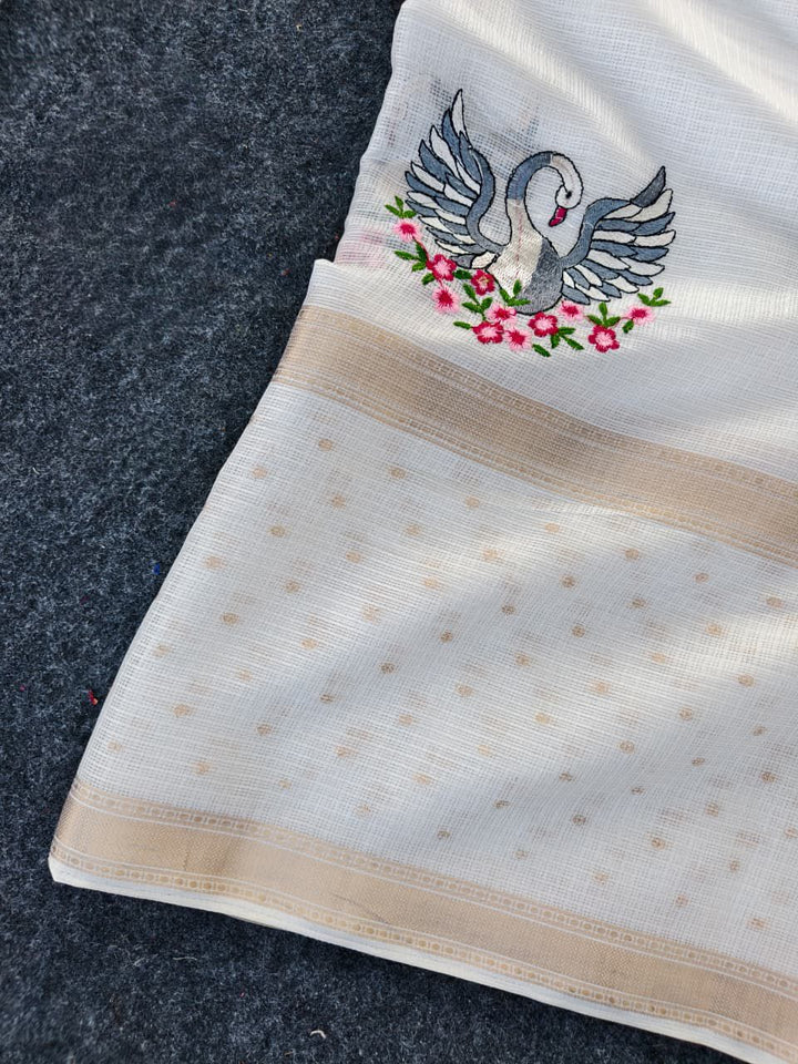 Beautiful Soft Kota Silk Saree with Embroidered Swan Design & Blouse