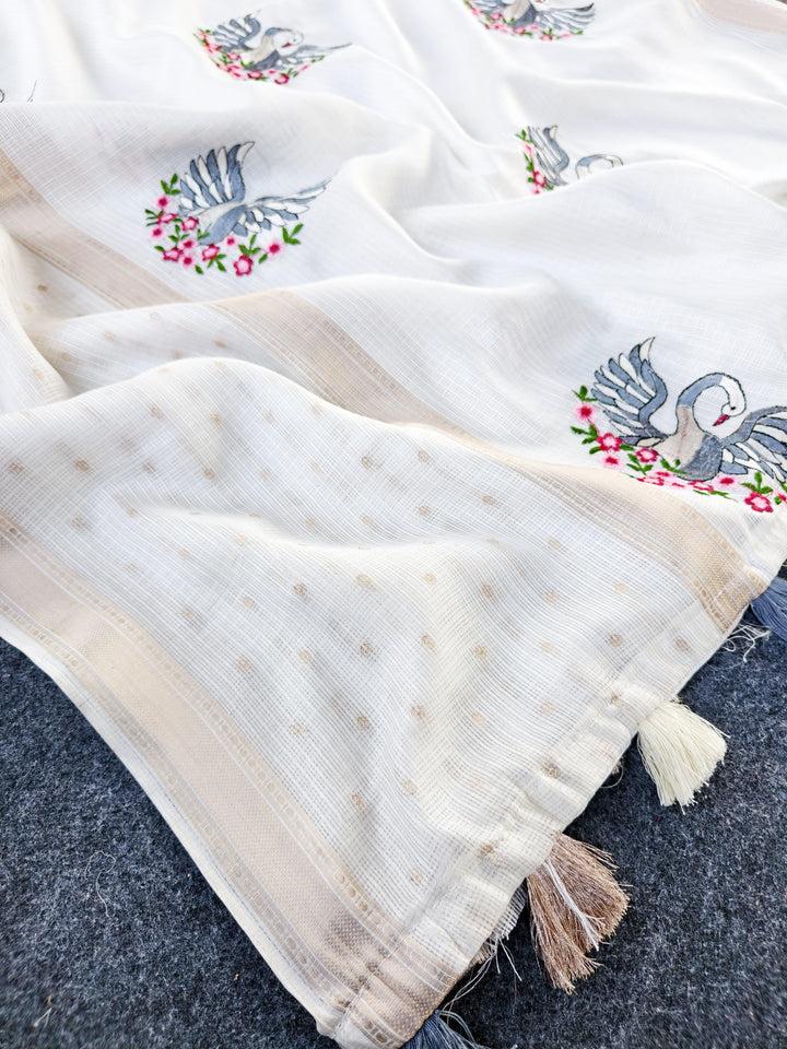 Beautiful Soft Kota Silk Saree with Embroidered Swan Design & Blouse