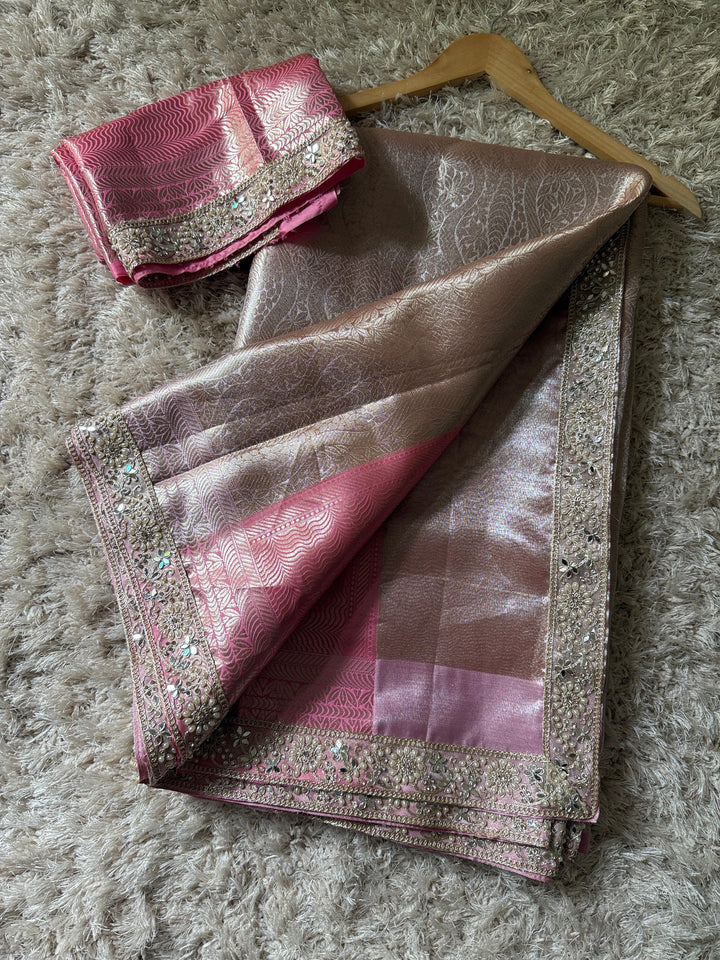 Beautiful Banarse Tissue Silk Saree With Lace Border + Pearl Work