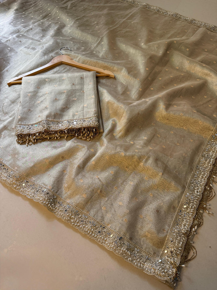 Beautiful Banarse Tissue Silk Saree With Lace Border + Pearl Work