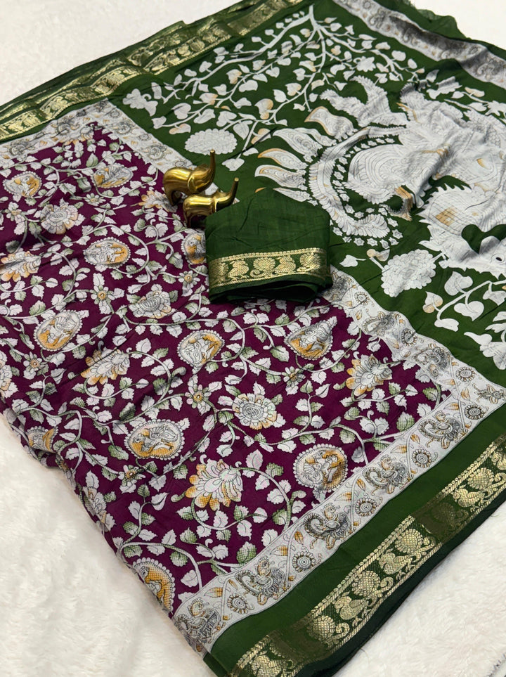 Beautiful kalamkari Mul Cotton Silk Saree With Blouse