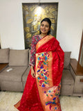 Beautiful  Paithani Silk Saree With ith Peacock Weaving Border