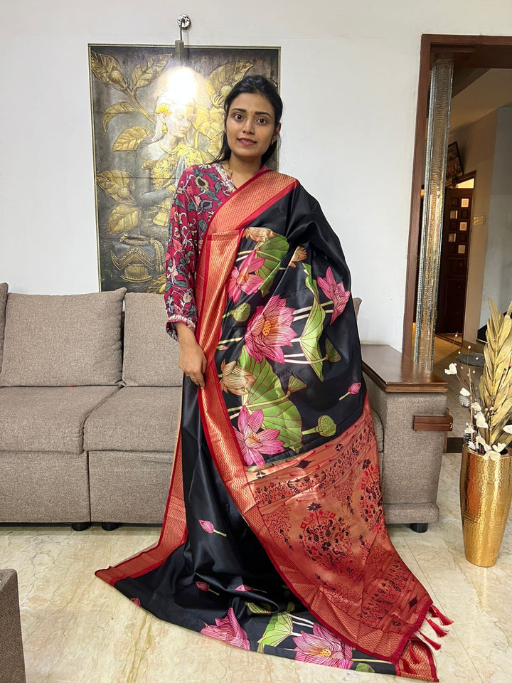 Beautiful Pichwai Black Semi Tussar Silk Saree
