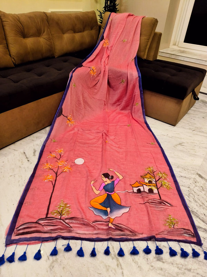 Beautiful Pure Mul Mul Cotton Handpainted Saree With Blouse