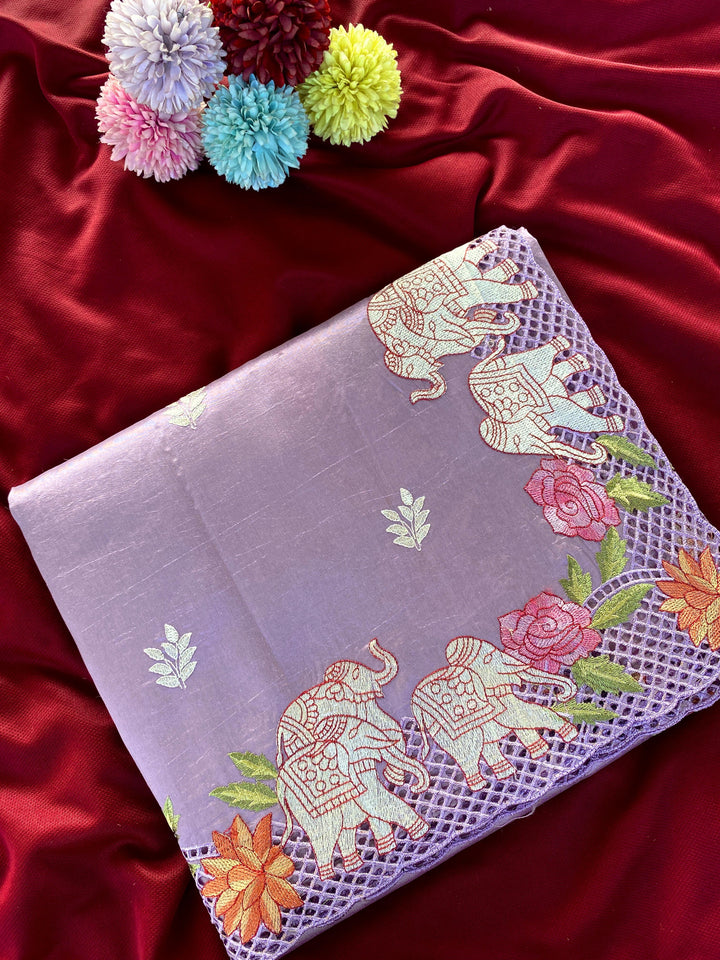 Pure Viscose Tussar Cutwork Saree With Elephant Embroidery