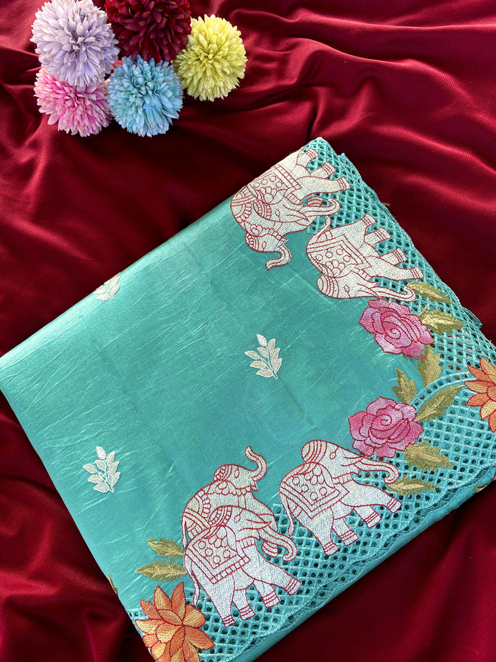 Pure Viscose Tussar Cutwork Saree With Elephant Embroidery