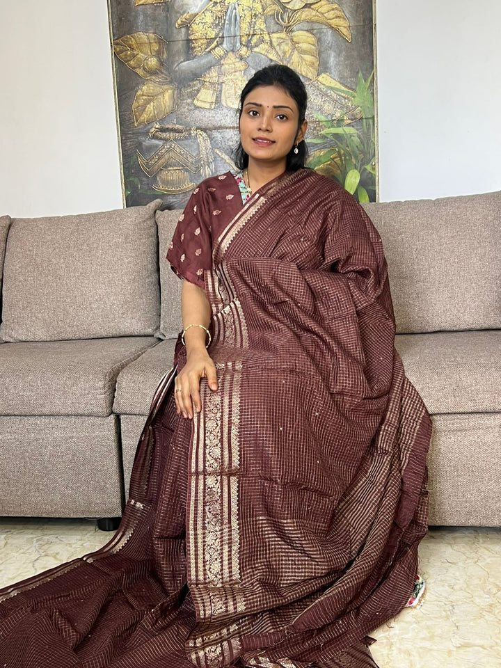Beautiful Brown Pure Chinnon Saree With Blouse