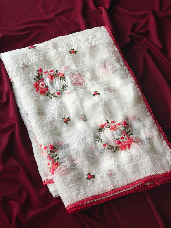 Beautiful Crush Embroidery Chinnon Saree With Stitched Blouse