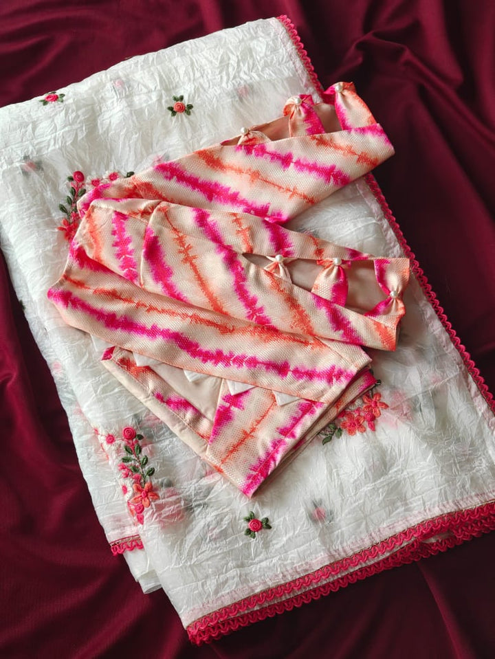 Beautiful Crush Embroidery Chinnon Saree With Stitched Blouse