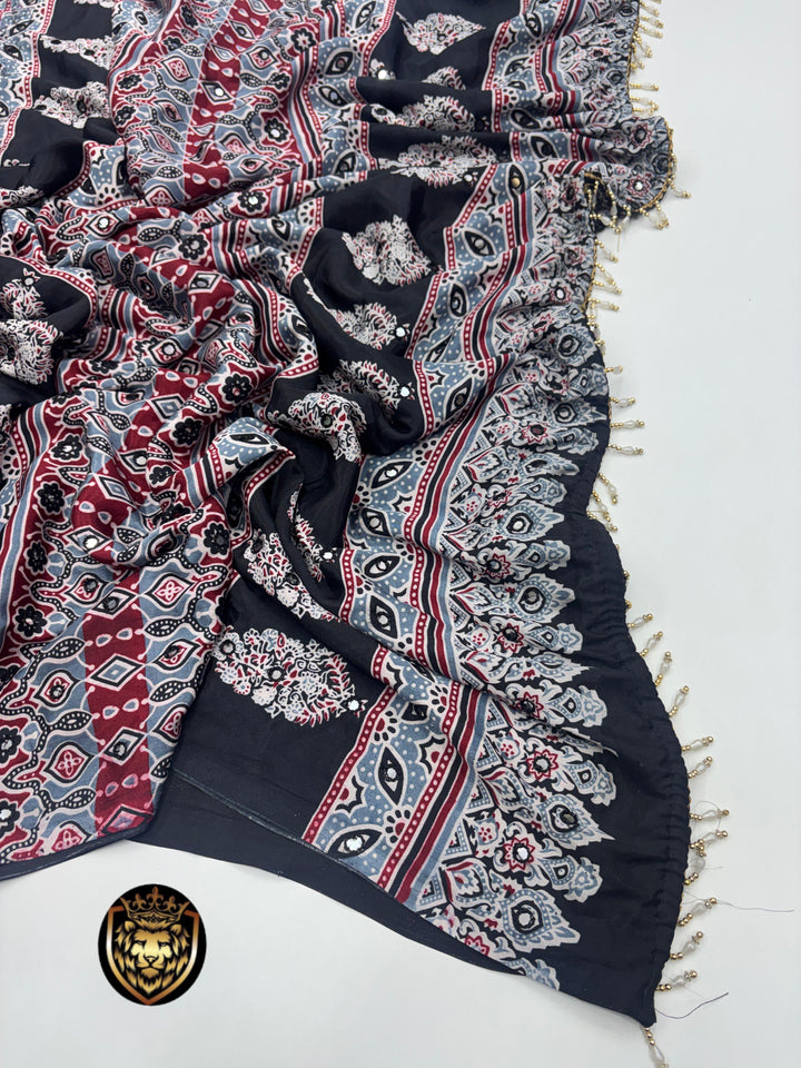 Elegant Satin Ajrakh Mirror Work Saree With Blouse