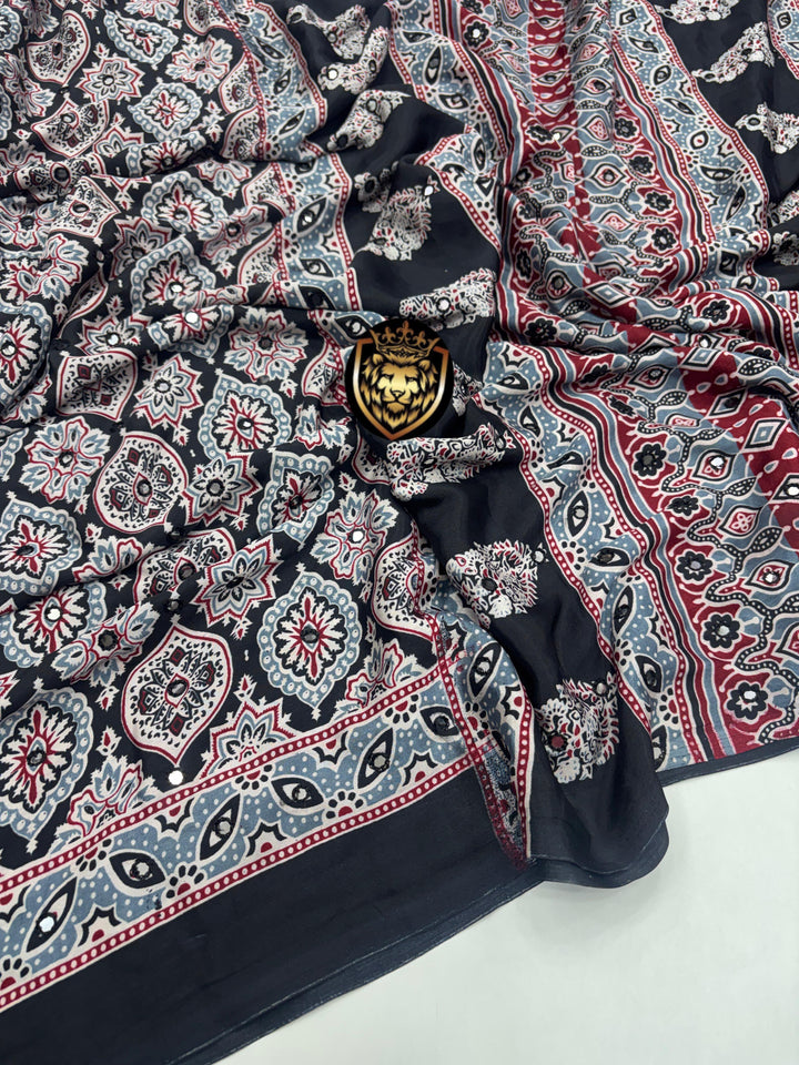 Elegant Satin Ajrakh Mirror Work Saree With Blouse