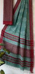 Temple Border Linen Cotton Saree With Blouse