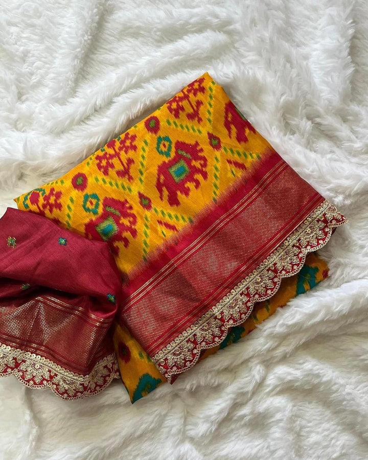 Beautiful Munga Silk Patola Saree With Lace Border