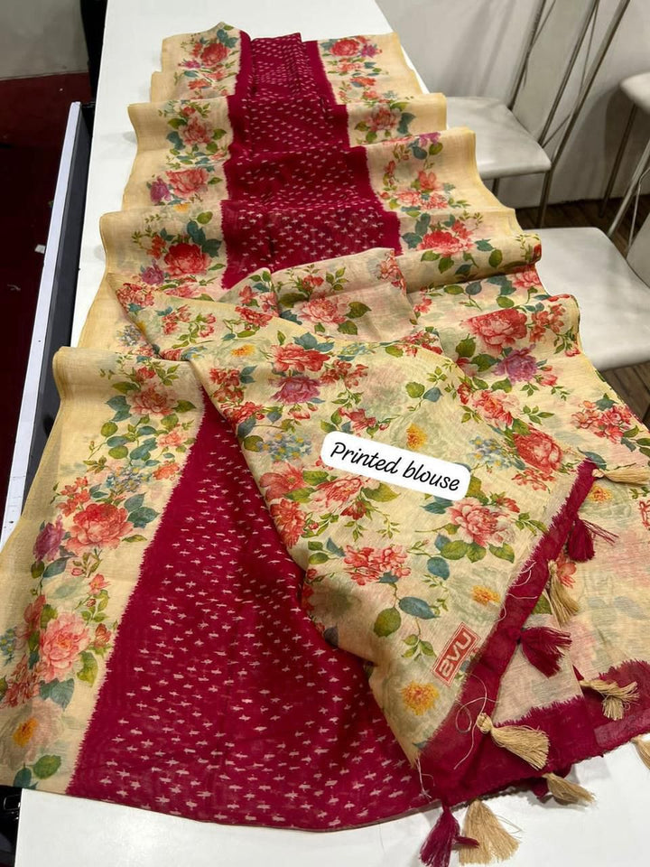 Beautiful Bandhini Linen Saree With Floral Design