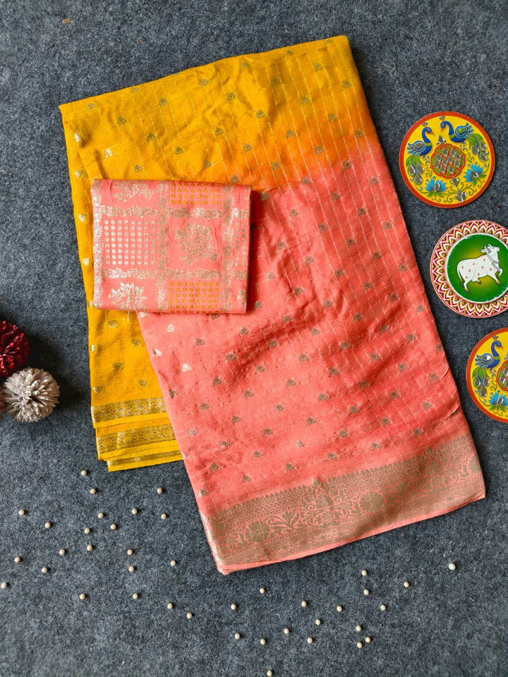 Beautiful Chinnon Silk Saree With Bandhej Blouse