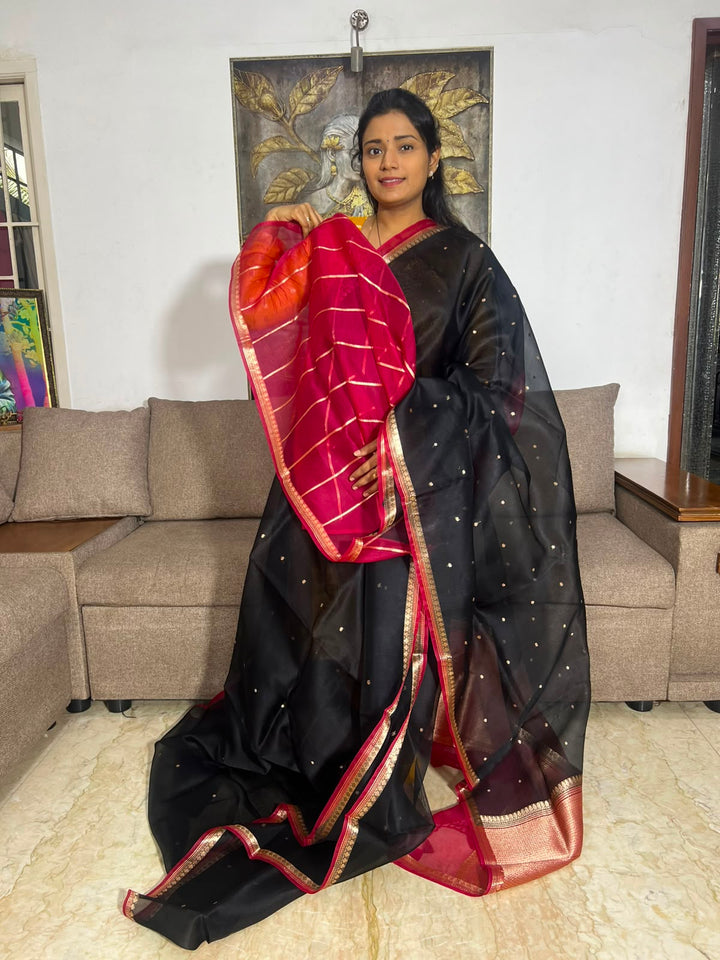 Beautiful Pure Silk Organza Black Saree With Stripes Blouse
