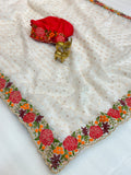 Beautiful Embroidery Zari Cut Work Saree With Blouse