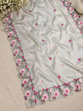 Beautiful Embroidery Tussar Silk Saree With Unstich Blouse