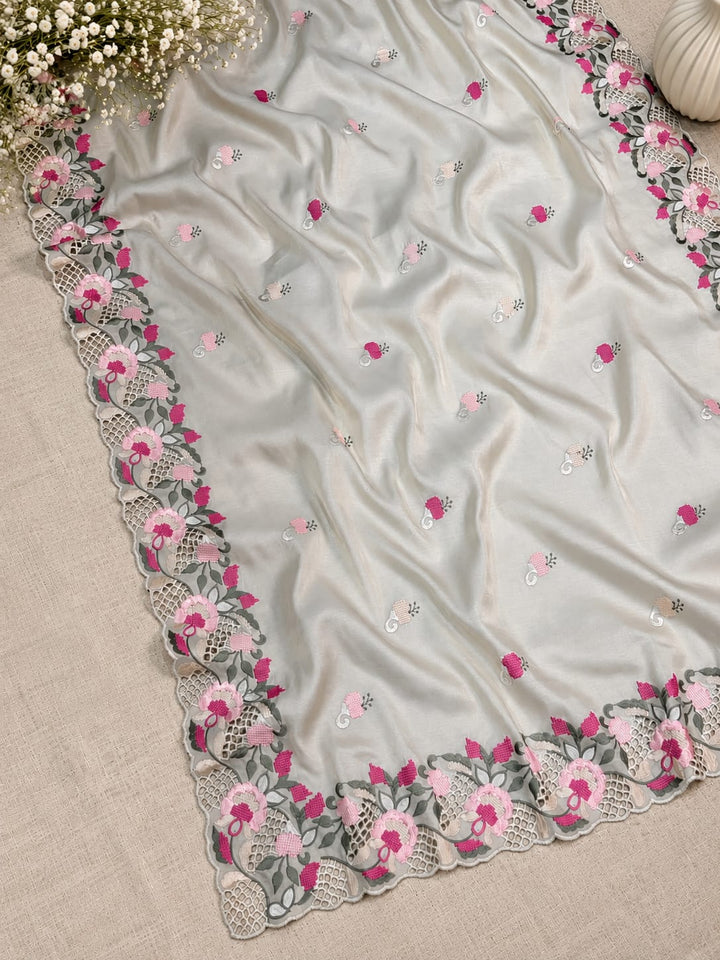 Beautiful Embroidery Tussar Silk Saree With Unstich Blouse