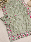 Beautiful Embroidery Tussar Silk Saree With Unstich Blouse
