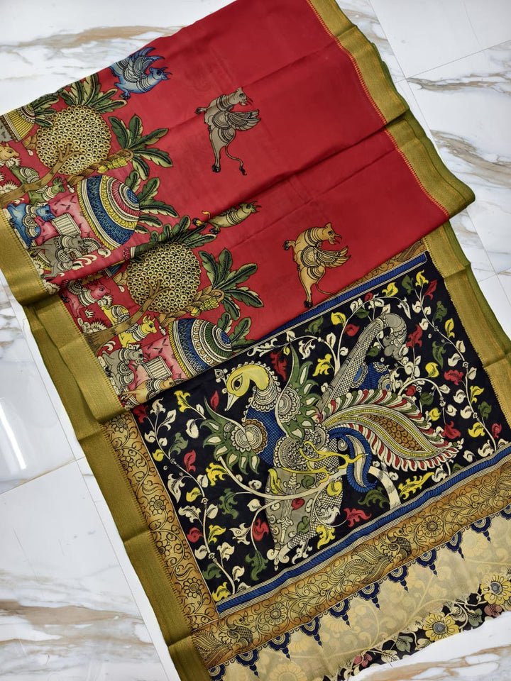 Pure Banglore Silk Authentic Hand-Painted Pen Kalamkari Saree With Blouse