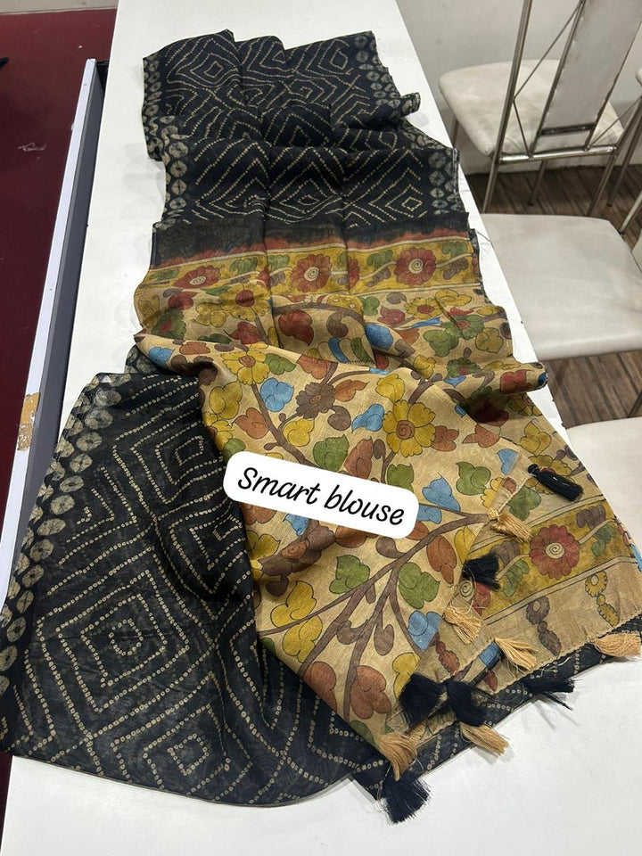 Linen Leheriya +Kalamkari Saree With Kalamkari Blouse