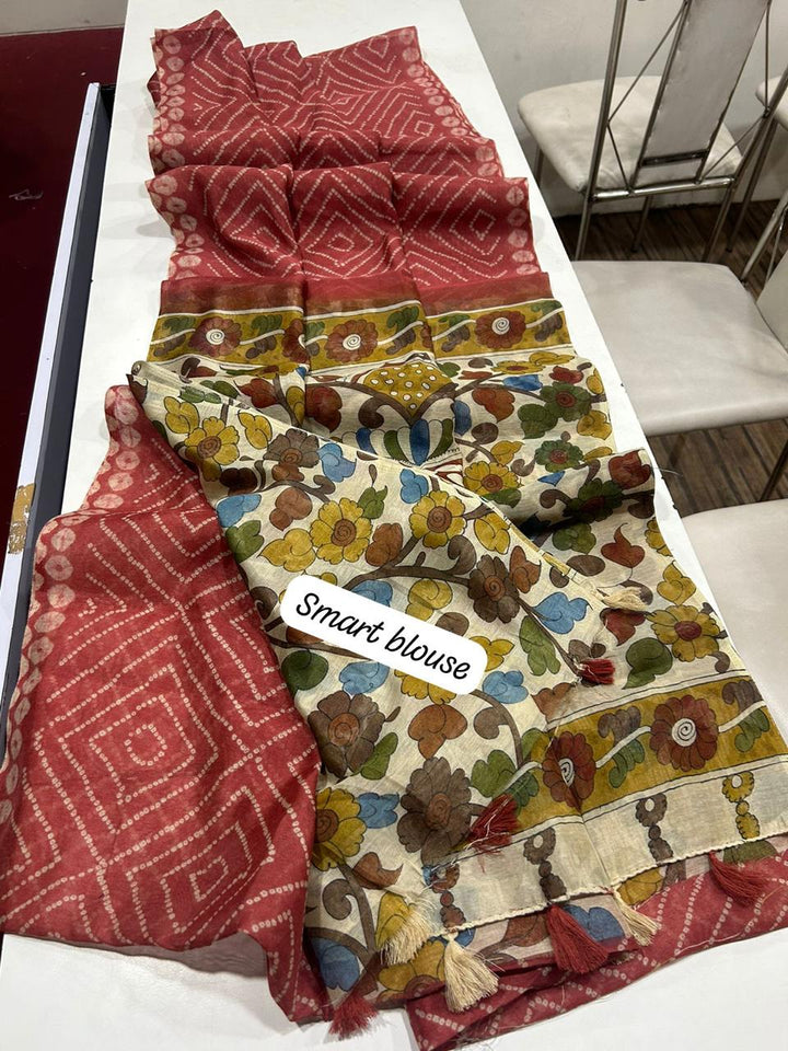 Linen Leheriya +Kalamkari Saree With Kalamkari Blouse