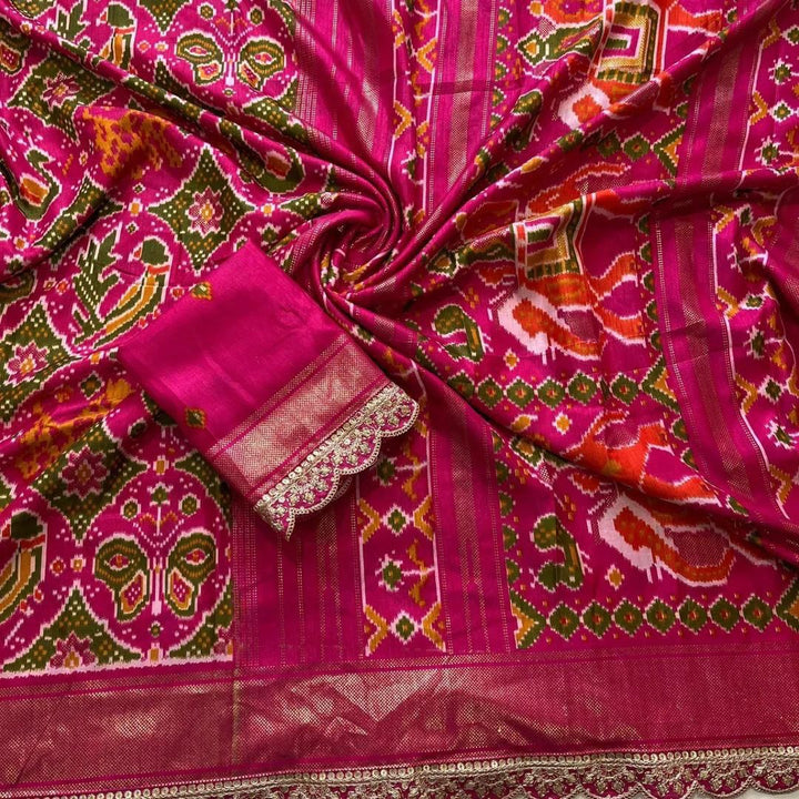 Beautiful Ikkat Munga Silk Lace Border Attached - With Blouse