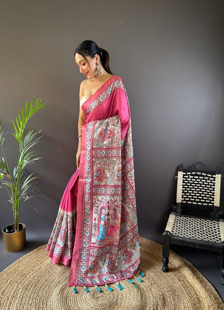 Beautiful Tussar Silk Madhubani Design