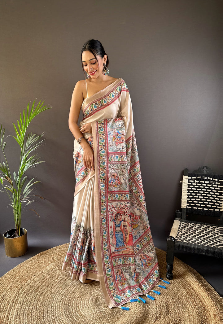 Beautiful Tussar Silk Madhubani Design