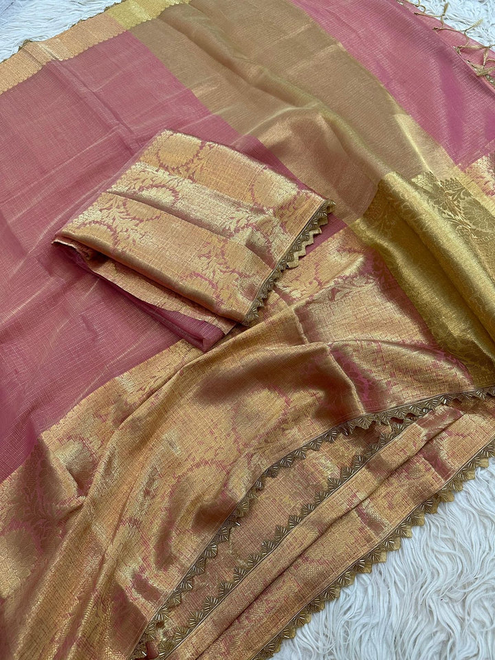 Gold Tissue Saree With Lace Embroidery Border