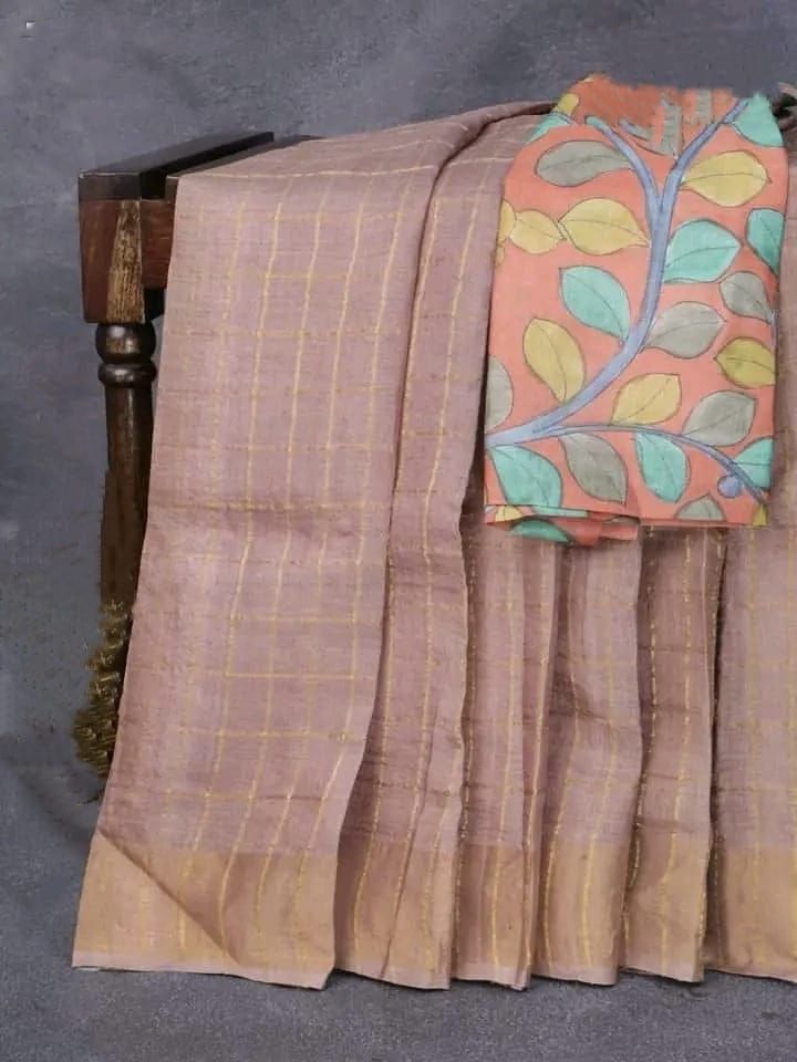 Beautiful Tussar Silk Saree With Kalamkari Blouse