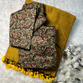 Kadhi Cotton With Kalamkari Saree Stitched Blouse ( Free size 38-42)