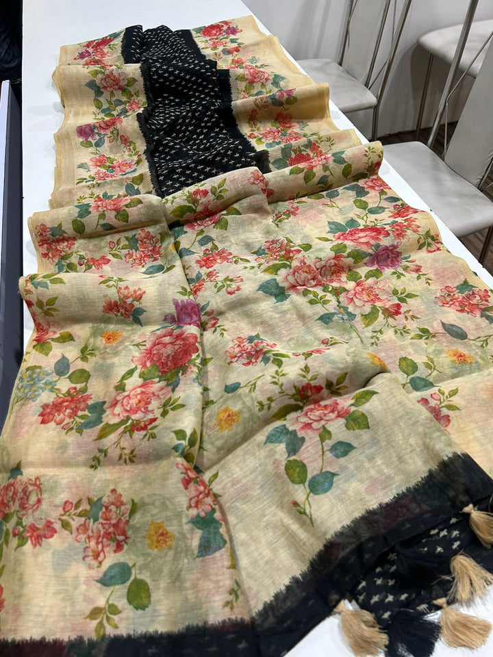 Beautiful Linen Saree With Floral Border