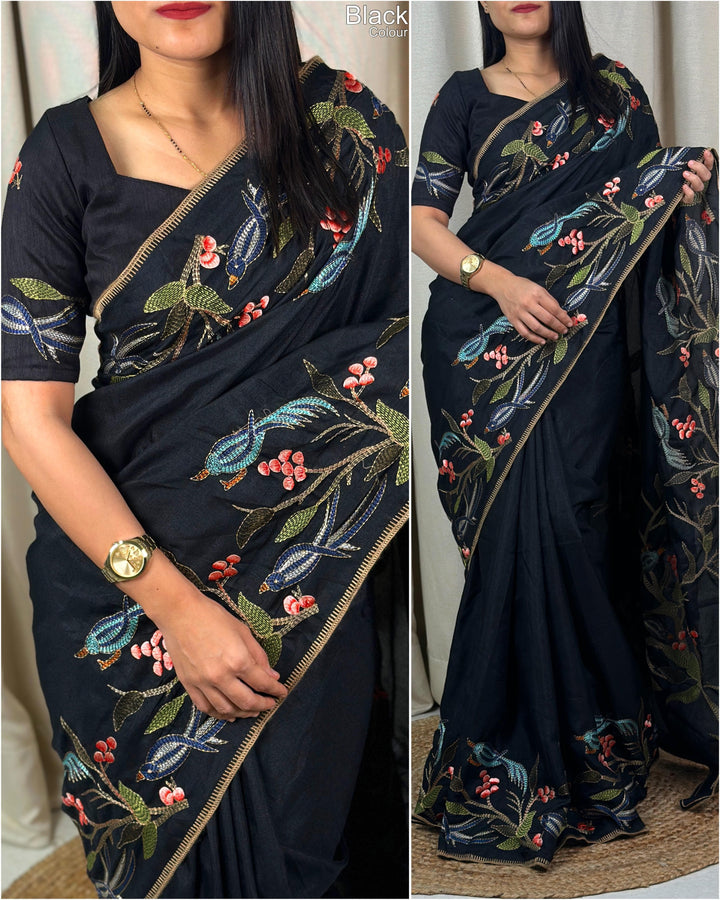 Tussar Embroidery Saree With Blouse