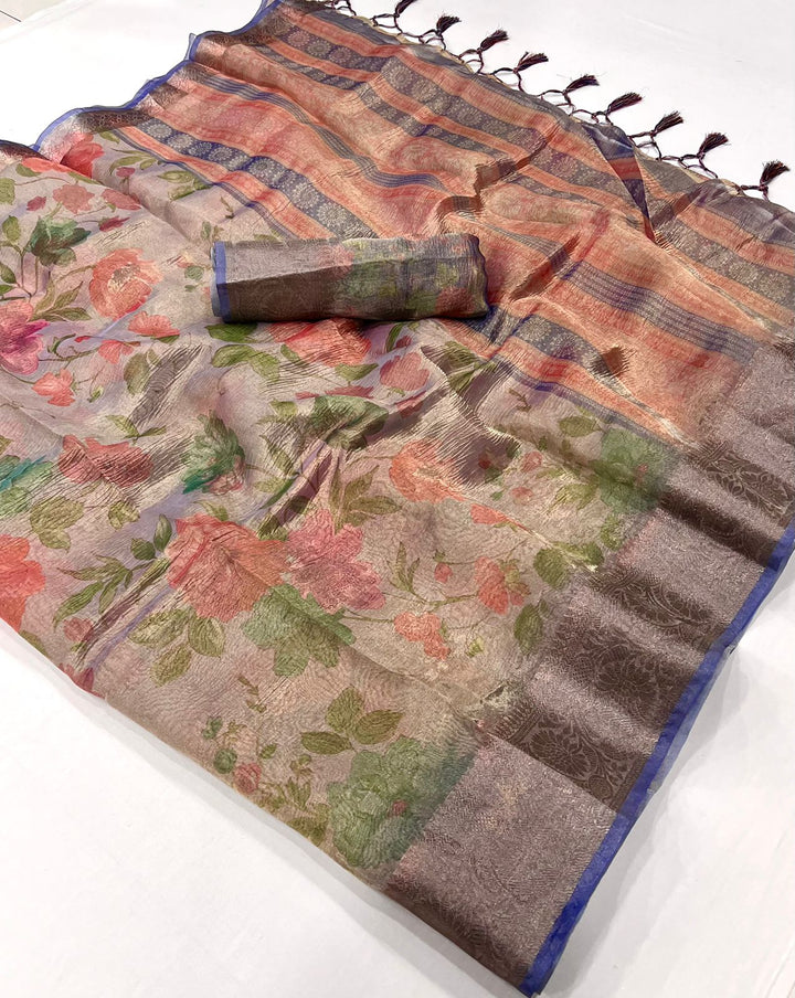 Beautiful Floral Tissue Saree With Zari Border