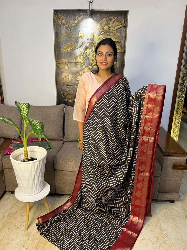 Beautiful Soft Black Red Combo Saree With Blouse