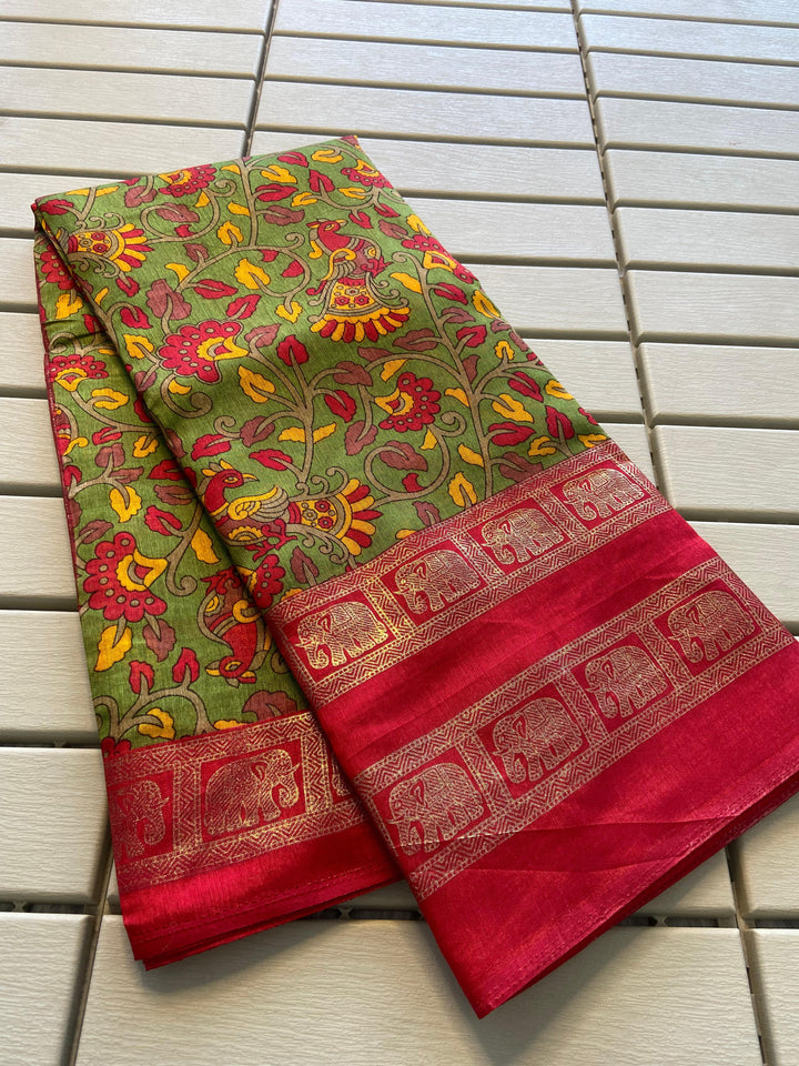 Beautiful Kalamkari Saree With Printed Zari With Blouse