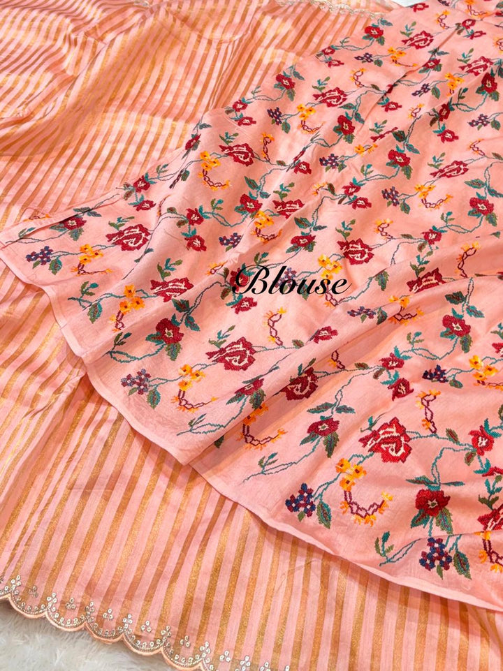 Pure Silk Stripes Organza With Embroidery (10 Days Pre Booking )