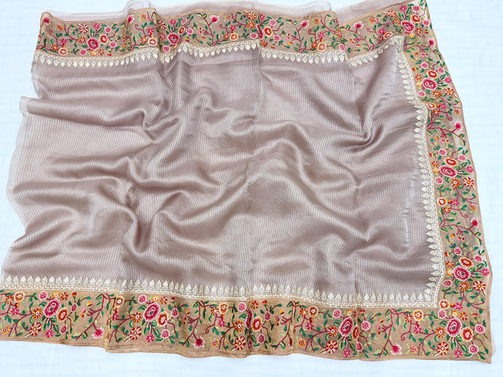 Beautiful  Pure Tissue Silk  Embroidery Saree With Embroidery Blouse (10 Days Pre-Booking)