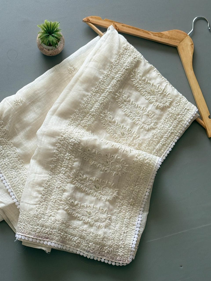 Beautiful Chikankari Kota Silk Saree With Unstitched Blouse