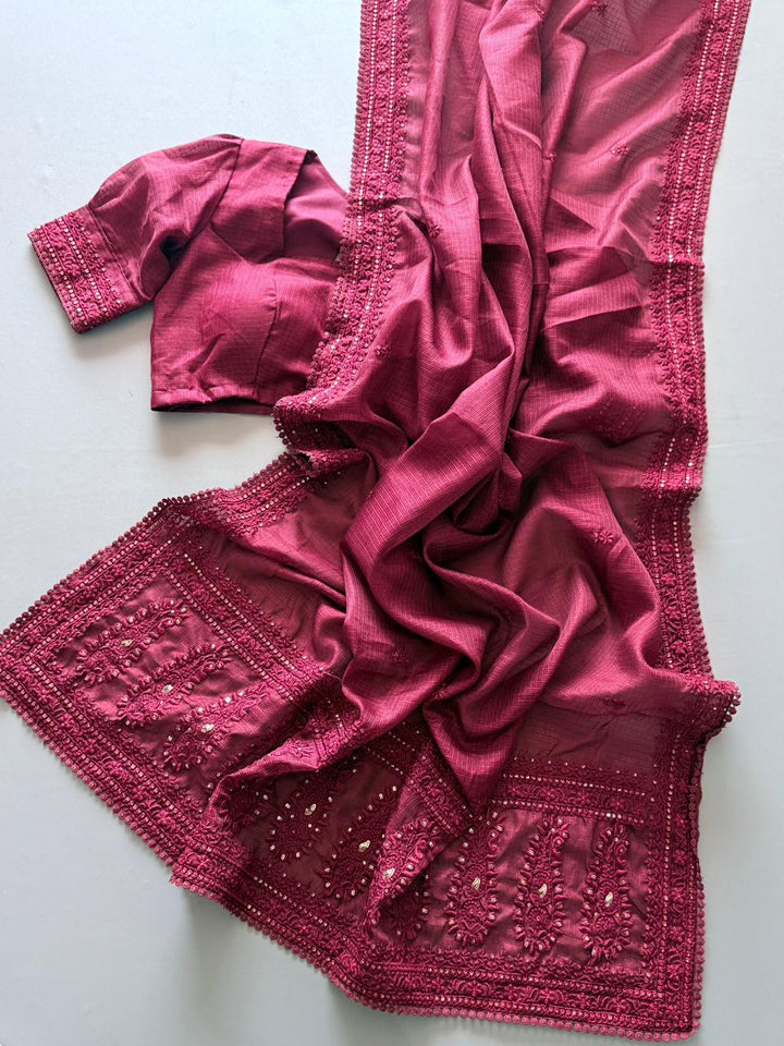 Beautiful Chikankari Kota Silk Saree With Unstitched Blouse