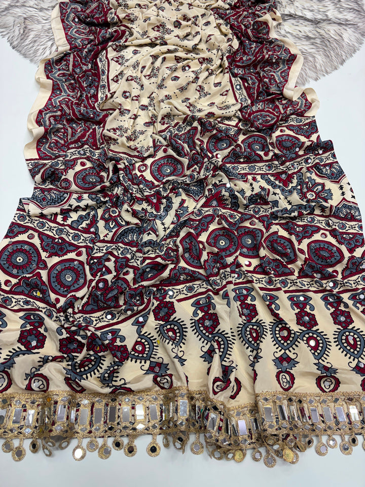Beautiful Ajrakh Modal Mirror Silk Saree With Blouse